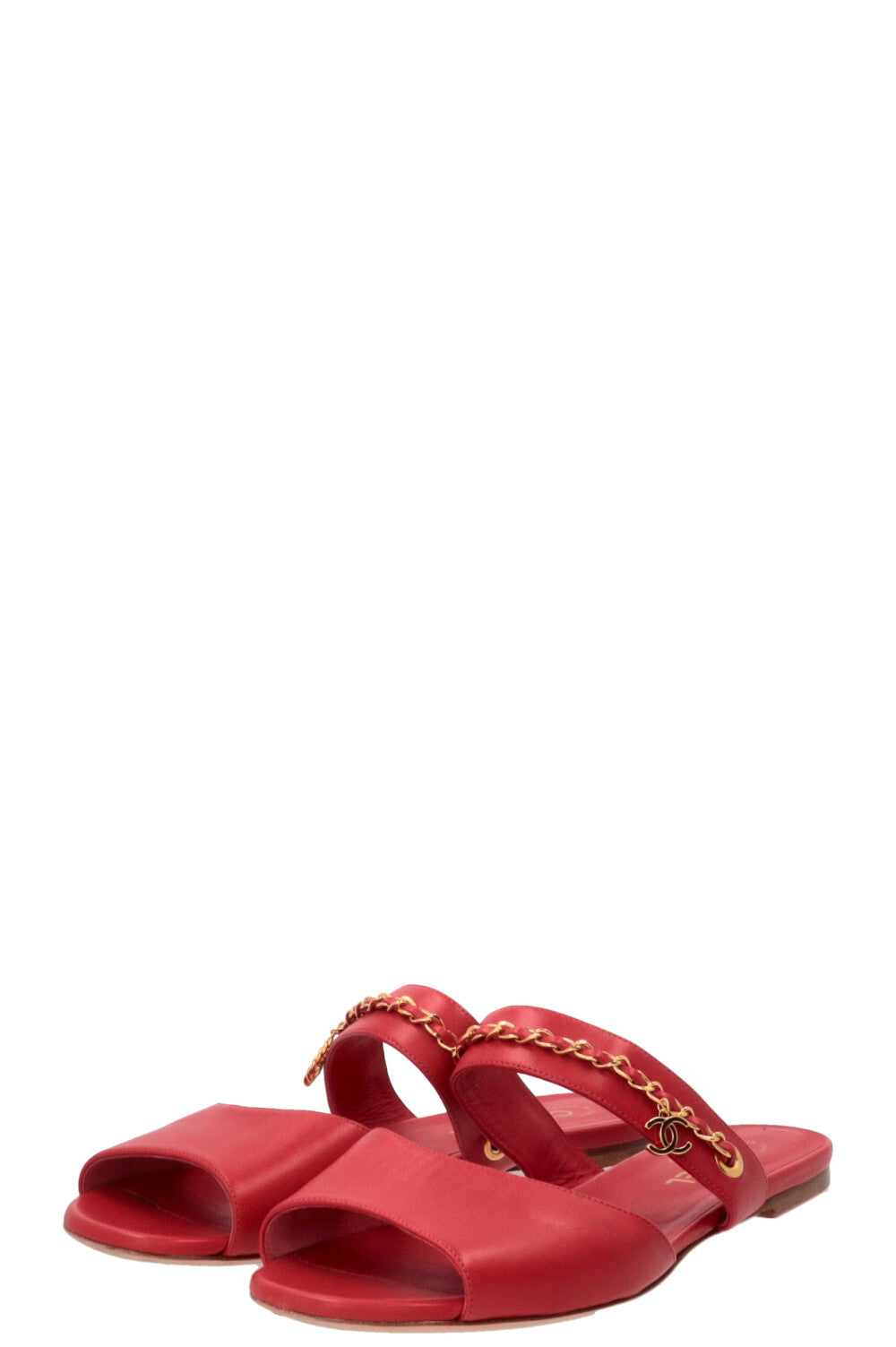 Mules à brides en chaîne CHANEL en cuir rouge