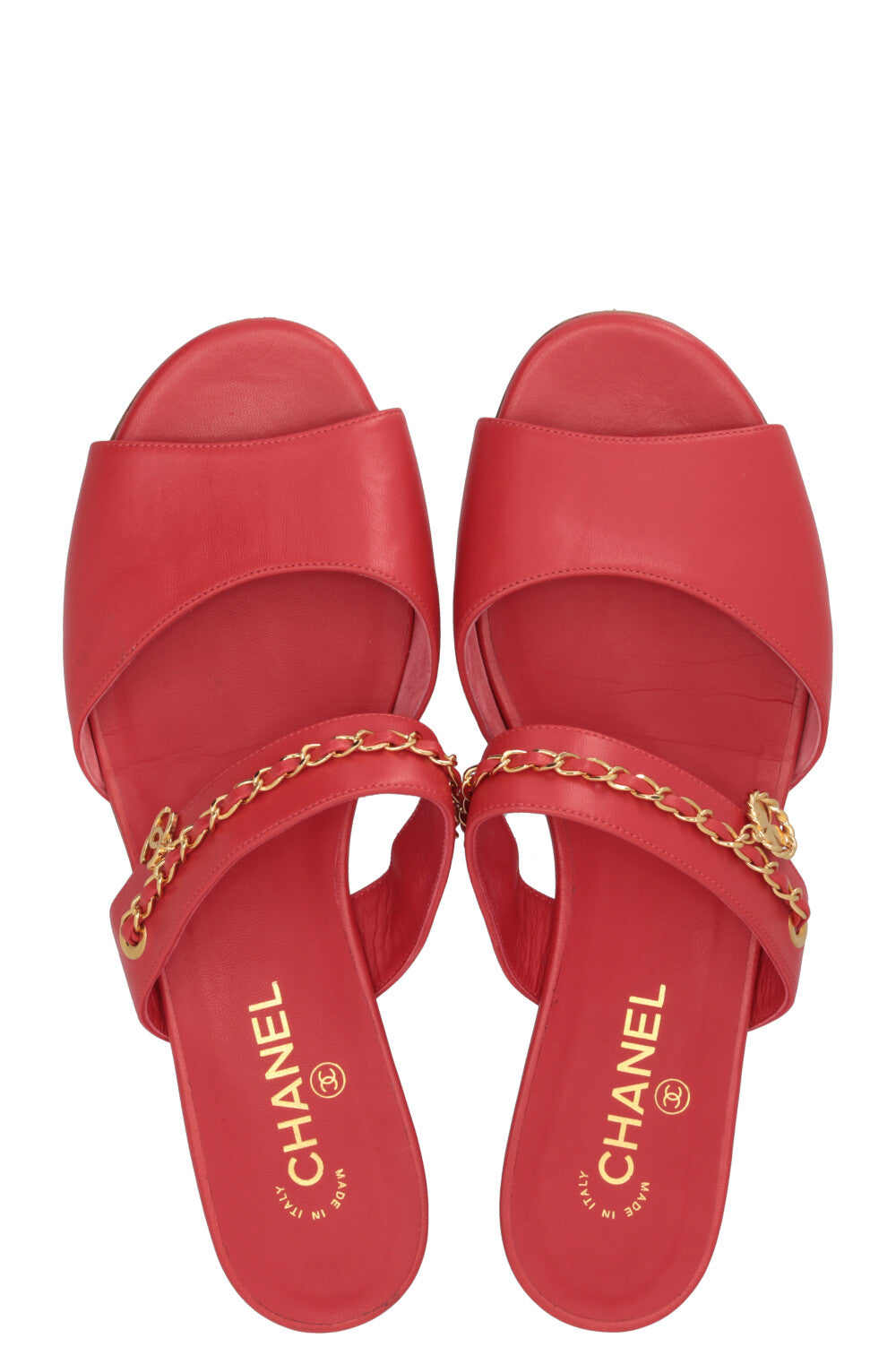 Mules à brides en chaîne CHANEL en cuir rouge