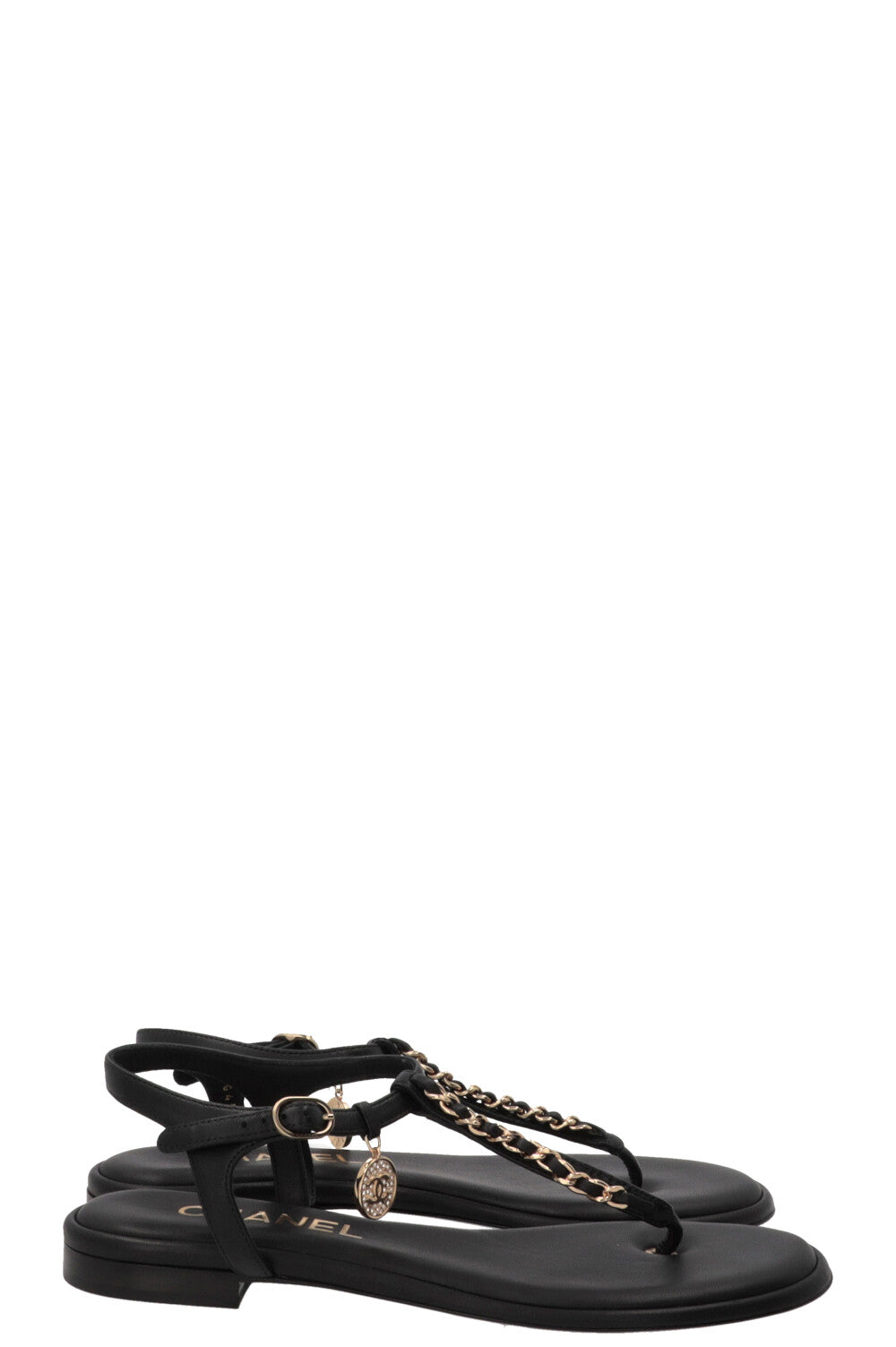 CHANEL Sandales à Brides en T et Chaîne Cuir Noir