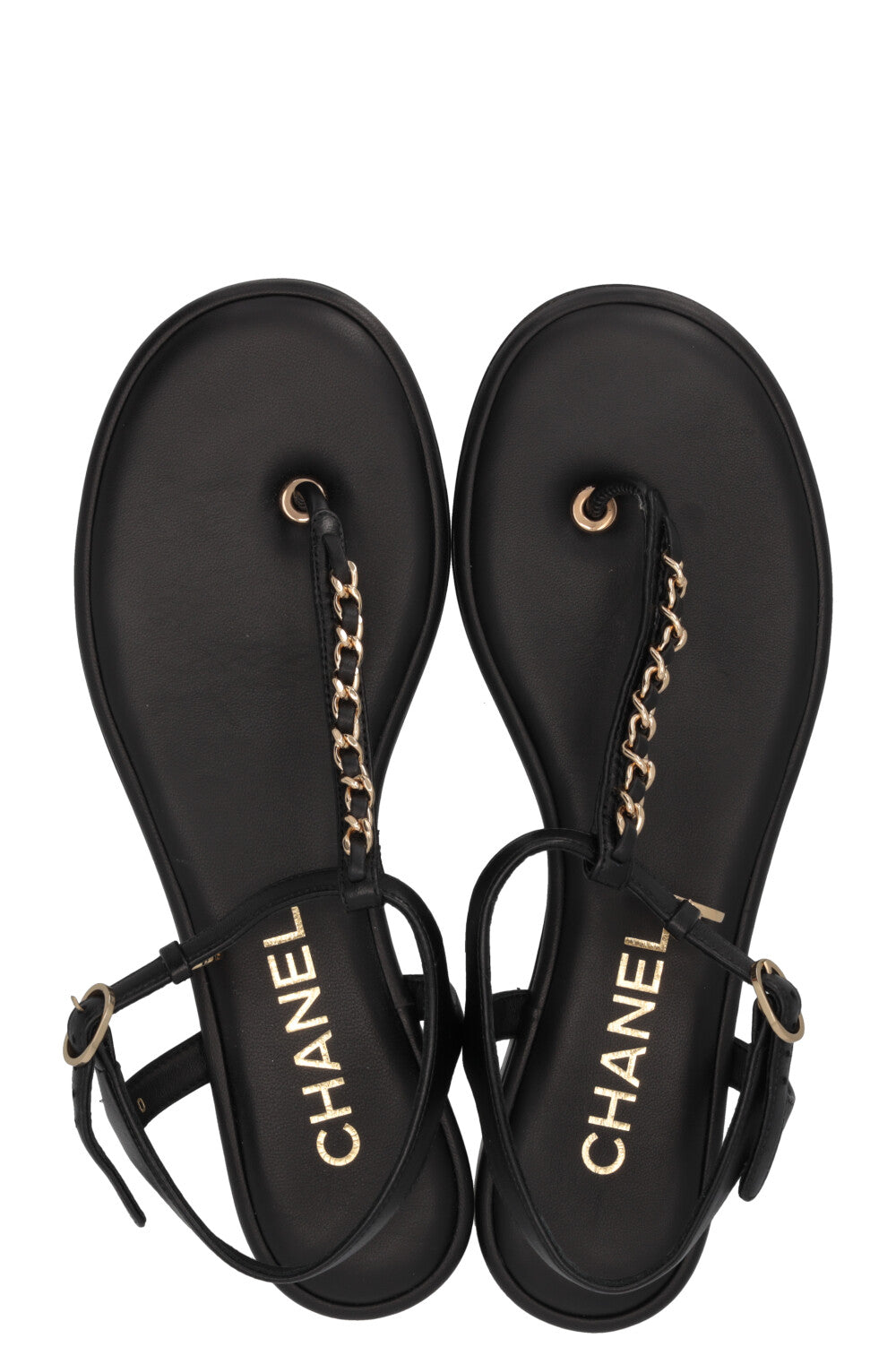 CHANEL Sandales à Brides en T et Chaîne Cuir Noir