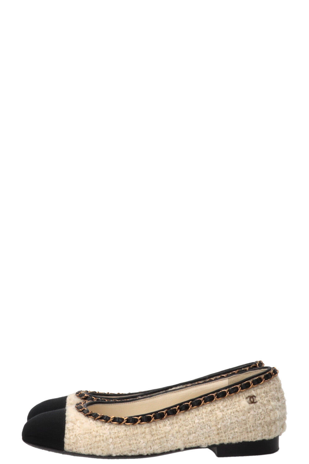 CHANEL Ballerines Classiques Tweed Détail Chaîne Blanc Noir
