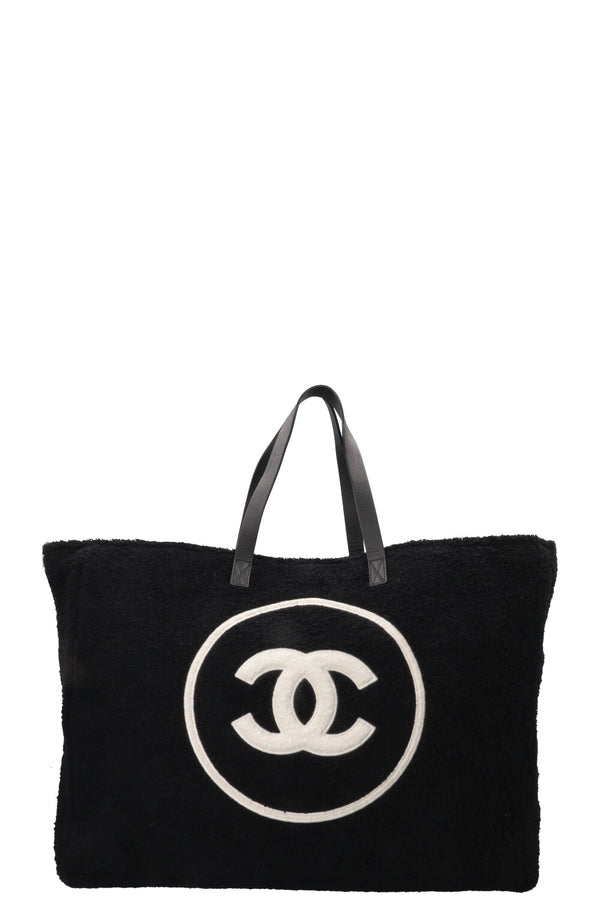 CHANEL Coco Mark Tote Bag Terry Cloth Black White