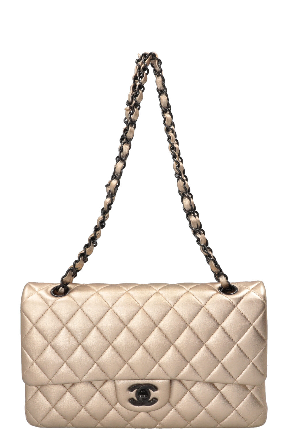 CHANEL Double Flap Bag Medium Cuir Métallisé Champagne