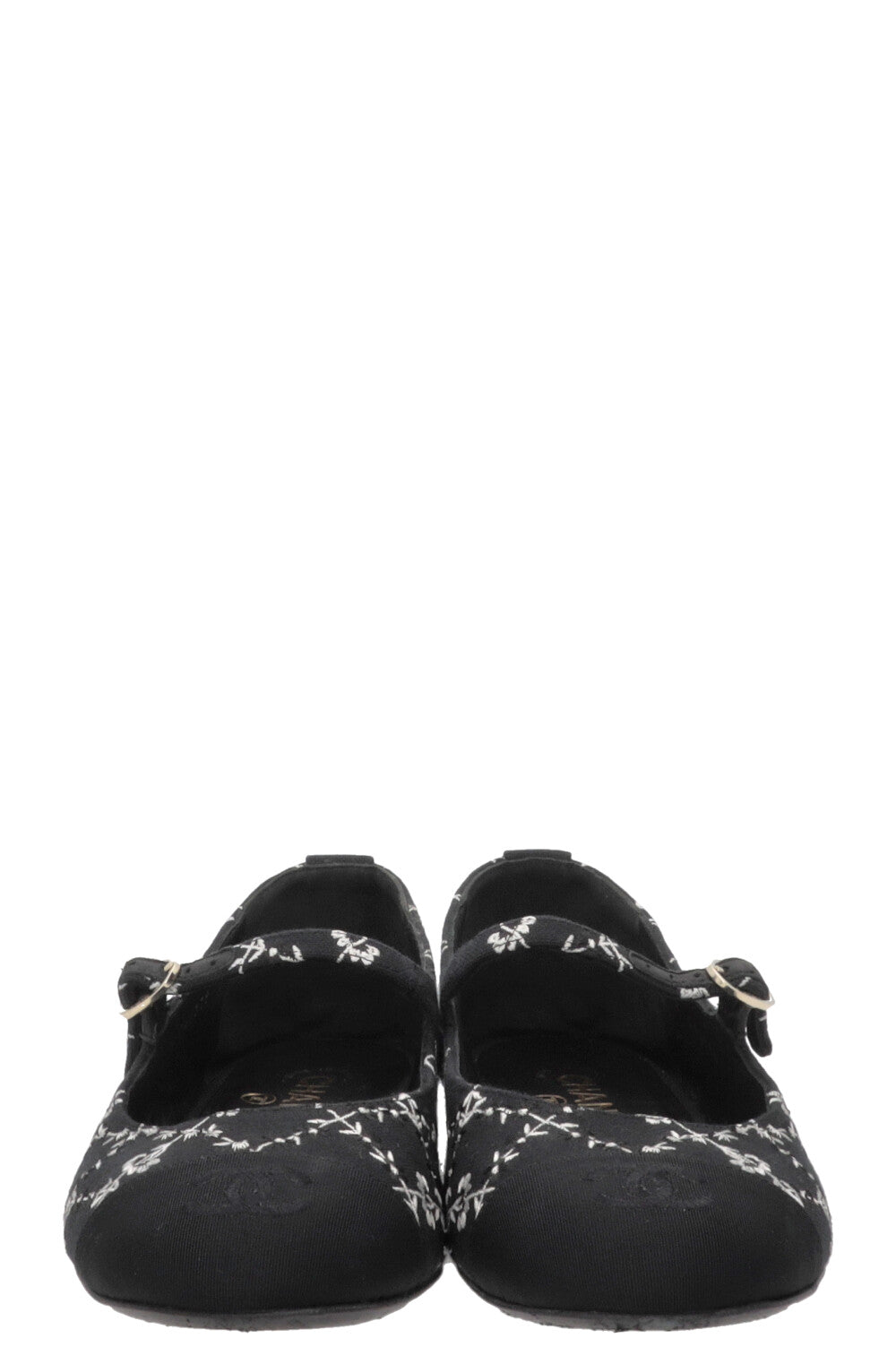 CHANEL Embroidered CC Grosgrain Mary Jane Flats Canvas Black