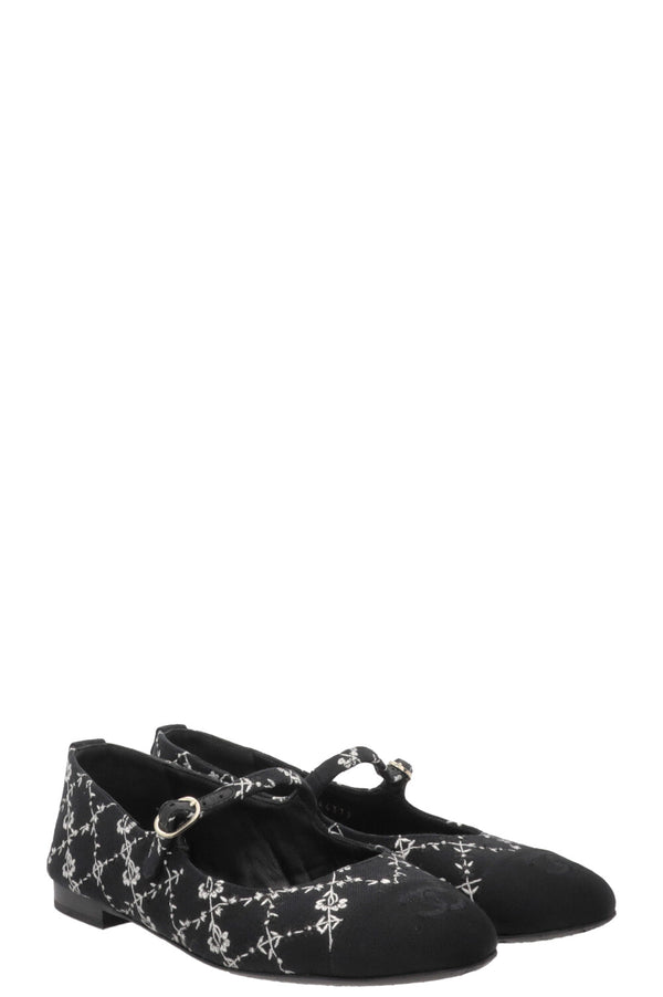 CHANEL Embroidered CC Grosgrain Mary Jane Flats Canvas Black