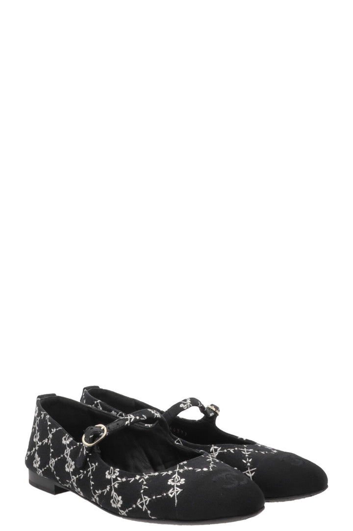 CHANEL Embroidered CC Grosgrain Mary Jane Flats Canvas Black