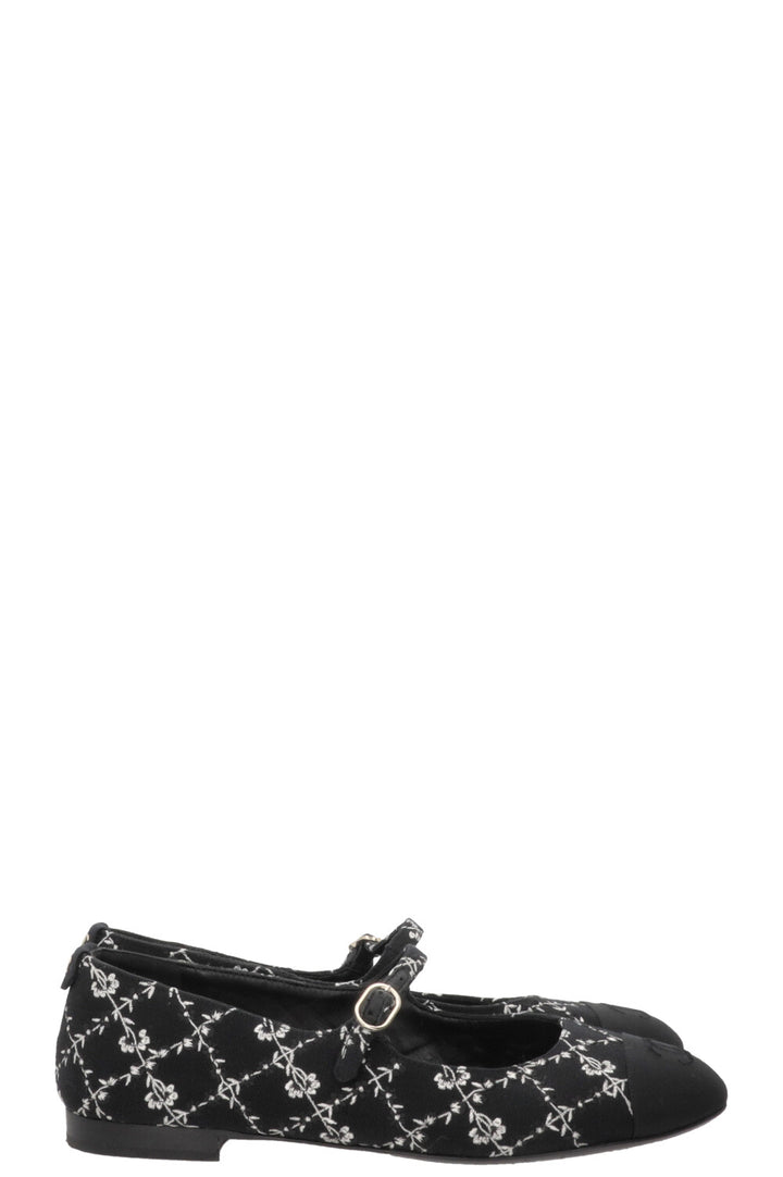 CHANEL Embroidered CC Grosgrain Mary Jane Flats Canvas Black