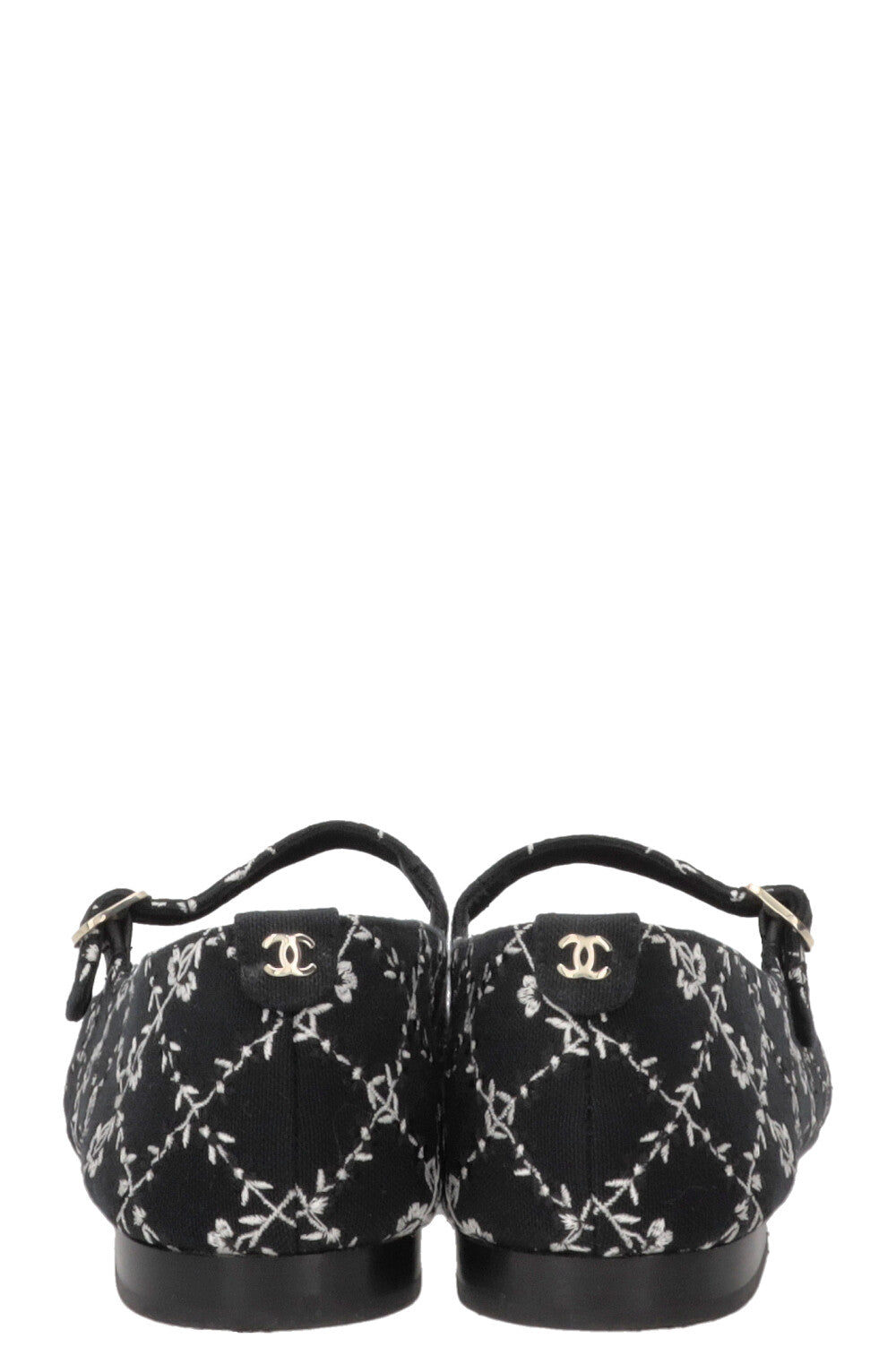 CHANEL Embroidered CC Grosgrain Mary Jane Flats Canvas Black