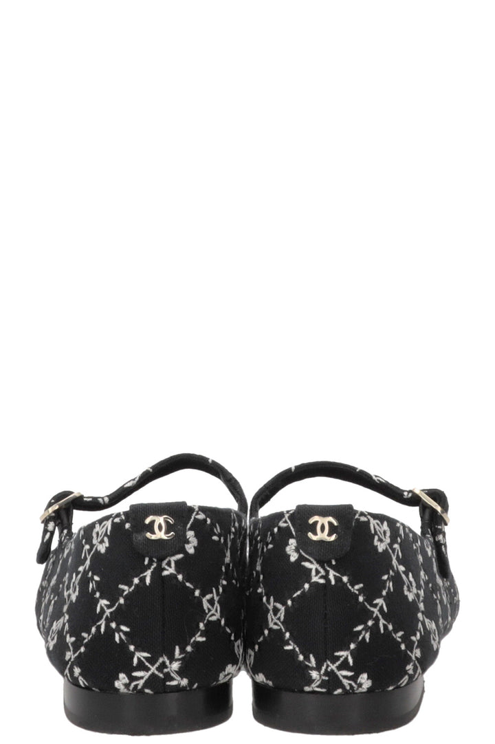 CHANEL Embroidered CC Grosgrain Mary Jane Flats Canvas Black