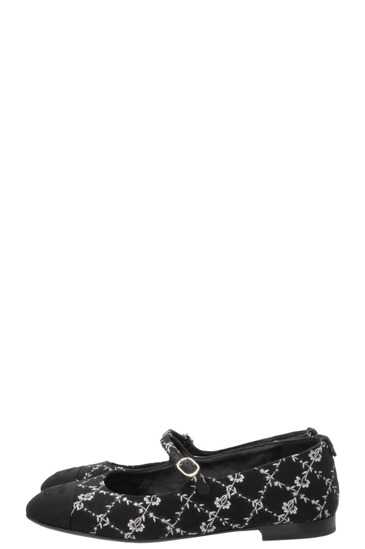 CHANEL Embroidered CC Grosgrain Mary Jane Flats Canvas Black