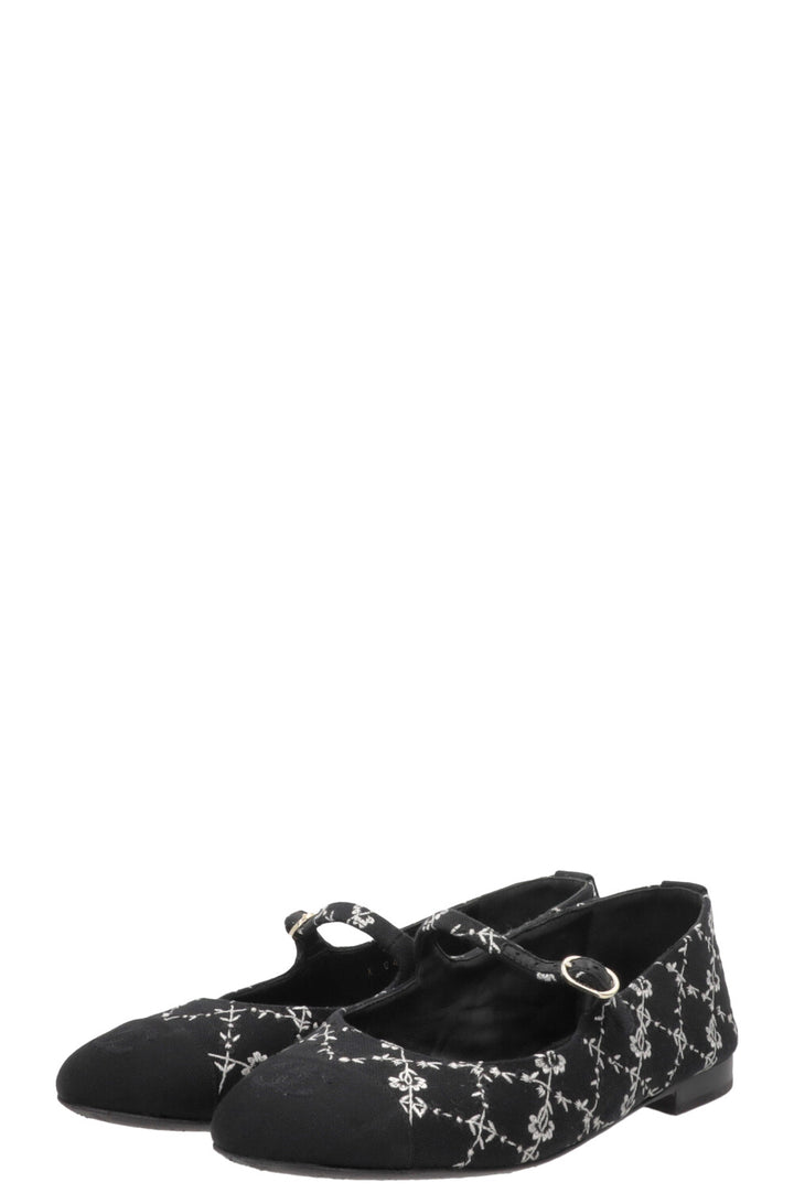 CHANEL Embroidered CC Grosgrain Mary Jane Flats Canvas Black