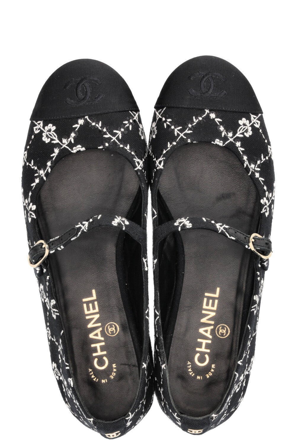 CHANEL Embroidered CC Grosgrain Mary Jane Flats Canvas Black