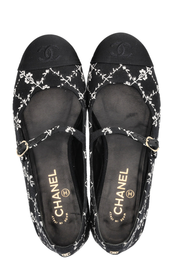 CHANEL Embroidered CC Grosgrain Mary Jane Flats Canvas Black