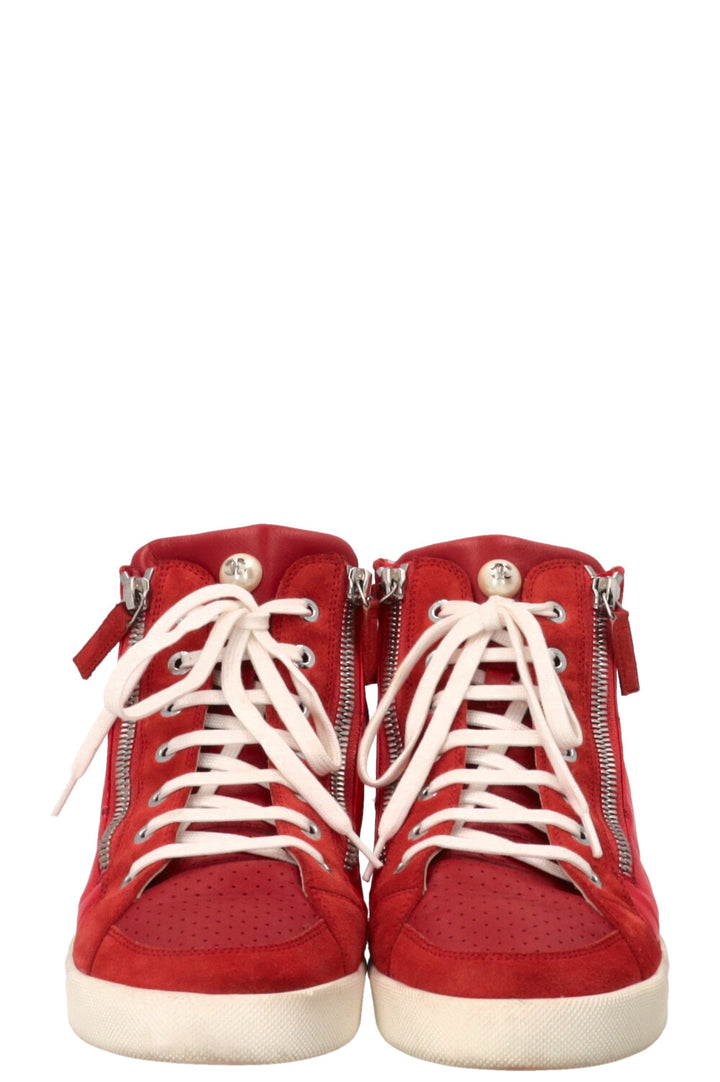 CHANEL Faux Pearl CC High Top Sneaker Nylon Red
