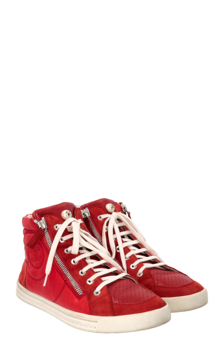 CHANEL Faux Pearl CC High Top Sneaker Nylon Red
