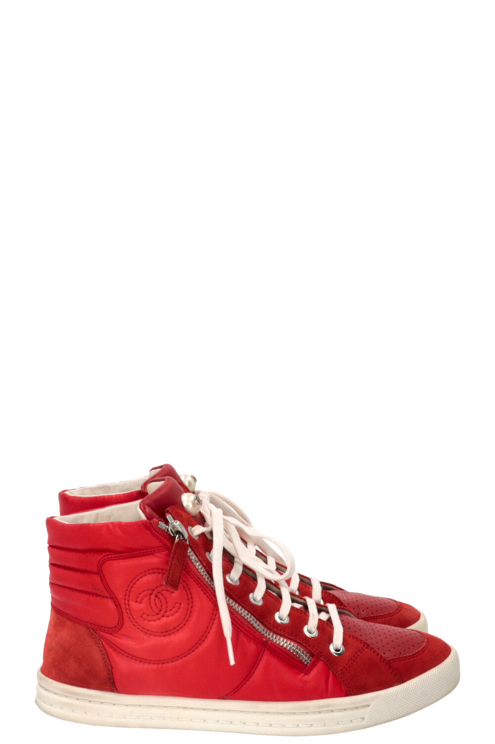 CHANEL Faux Pearl CC High Top Sneaker Nylon Red