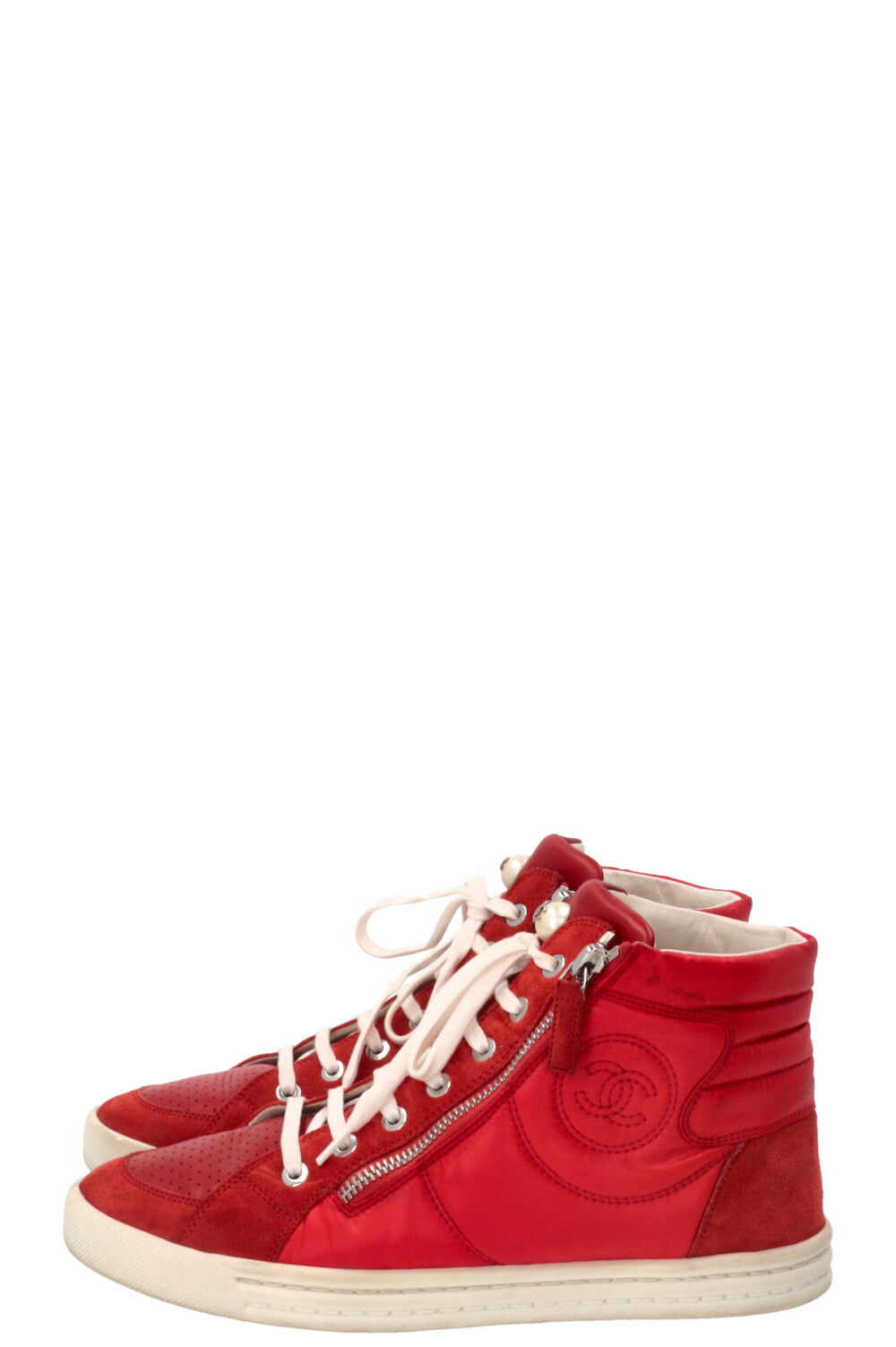 CHANEL Faux Pearl CC High Top Sneaker Nylon Red