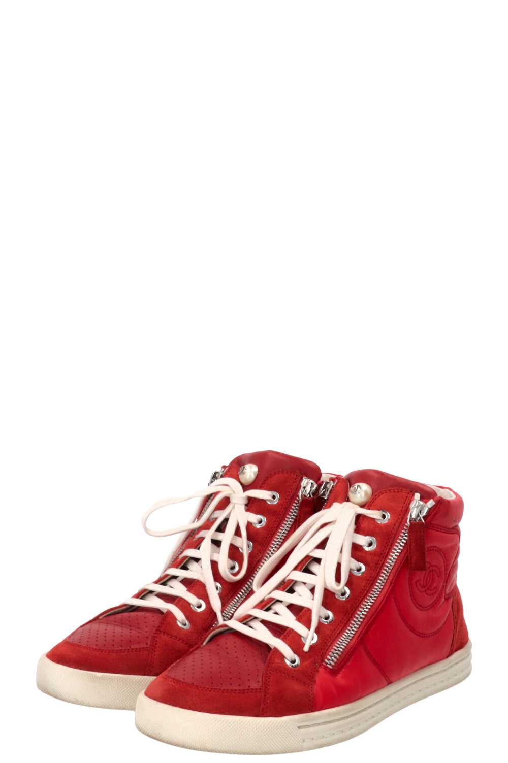 CHANEL Faux Pearl CC High Top Sneaker Nylon Red