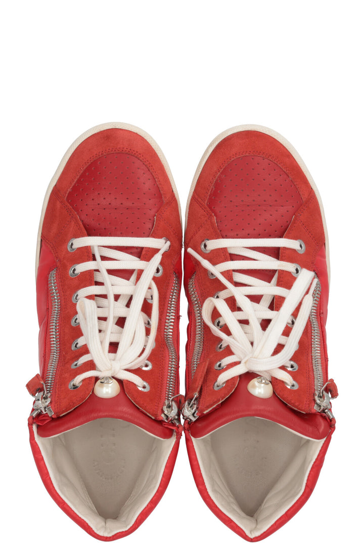 CHANEL Faux Pearl CC High Top Sneaker Nylon Red