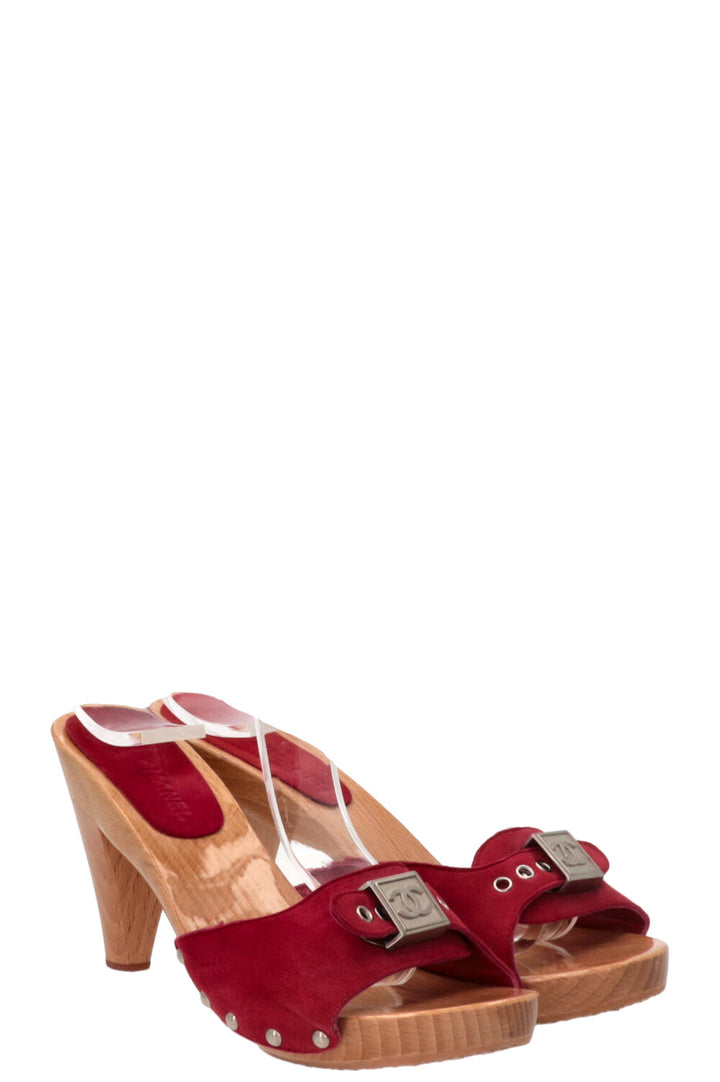CHANEL Glazed Clogs Wood Suede Red