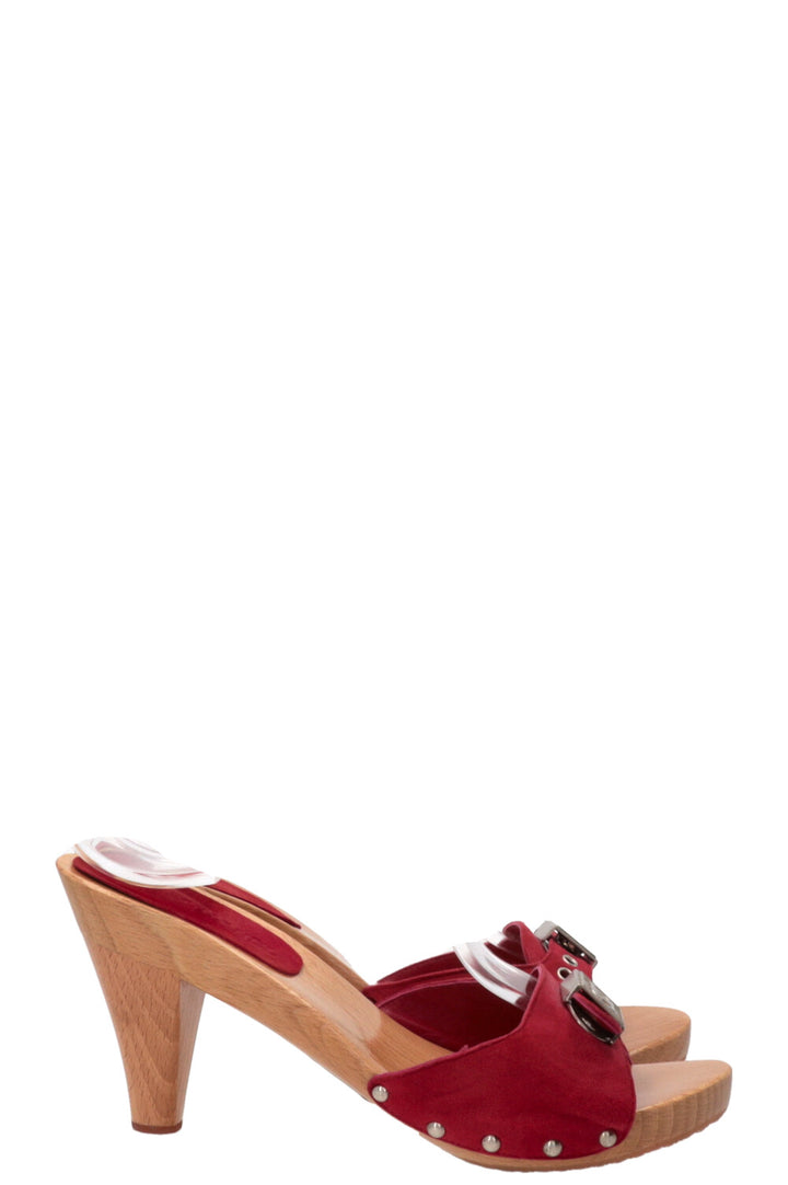 CHANEL Glazed Clogs Wood Suede Red