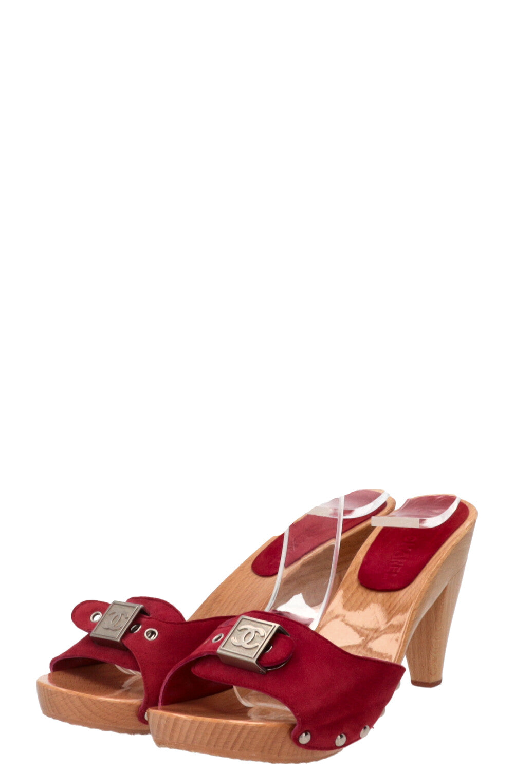 CHANEL Glazed Clogs Wood Suede Red