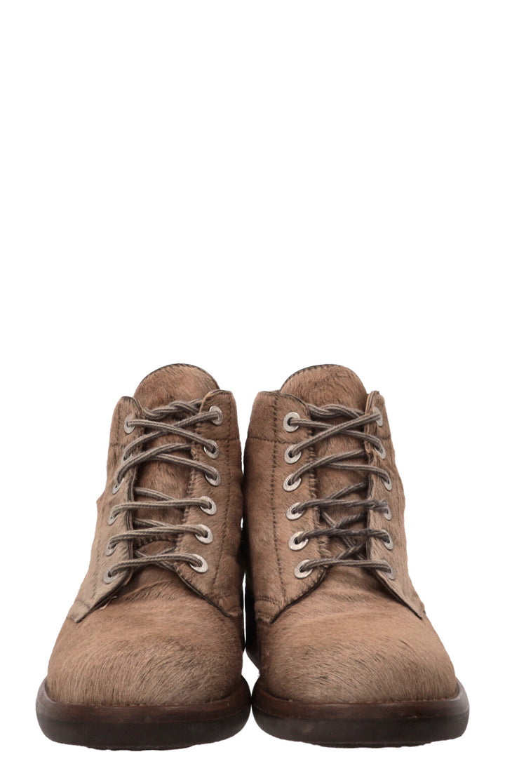 CHANEL Lace Up Ankle Boots Calf Hair Beige Calf hair Beige