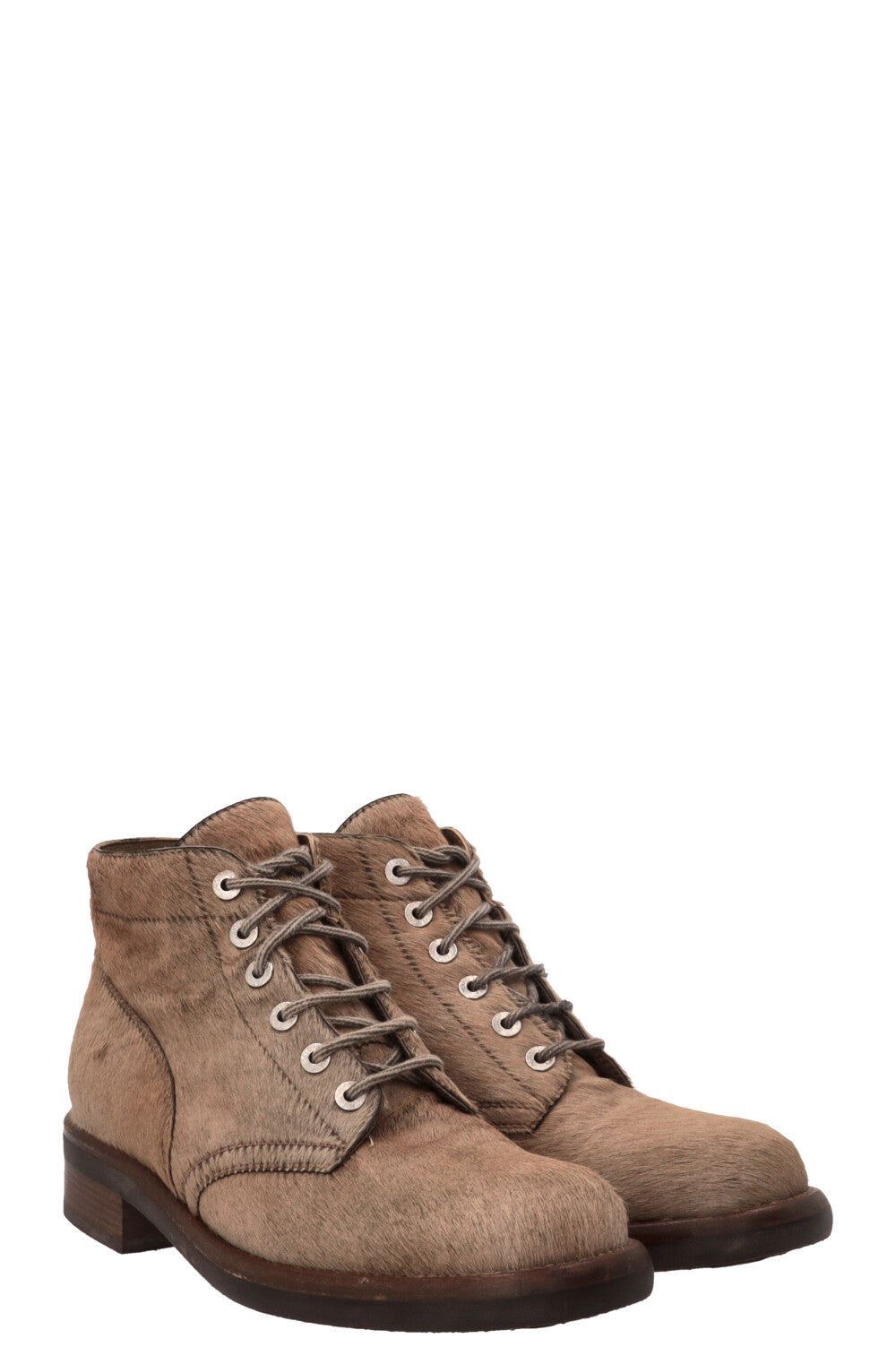 CHANEL Lace Up Ankle Boots Calf Hair Beige Calf hair Beige