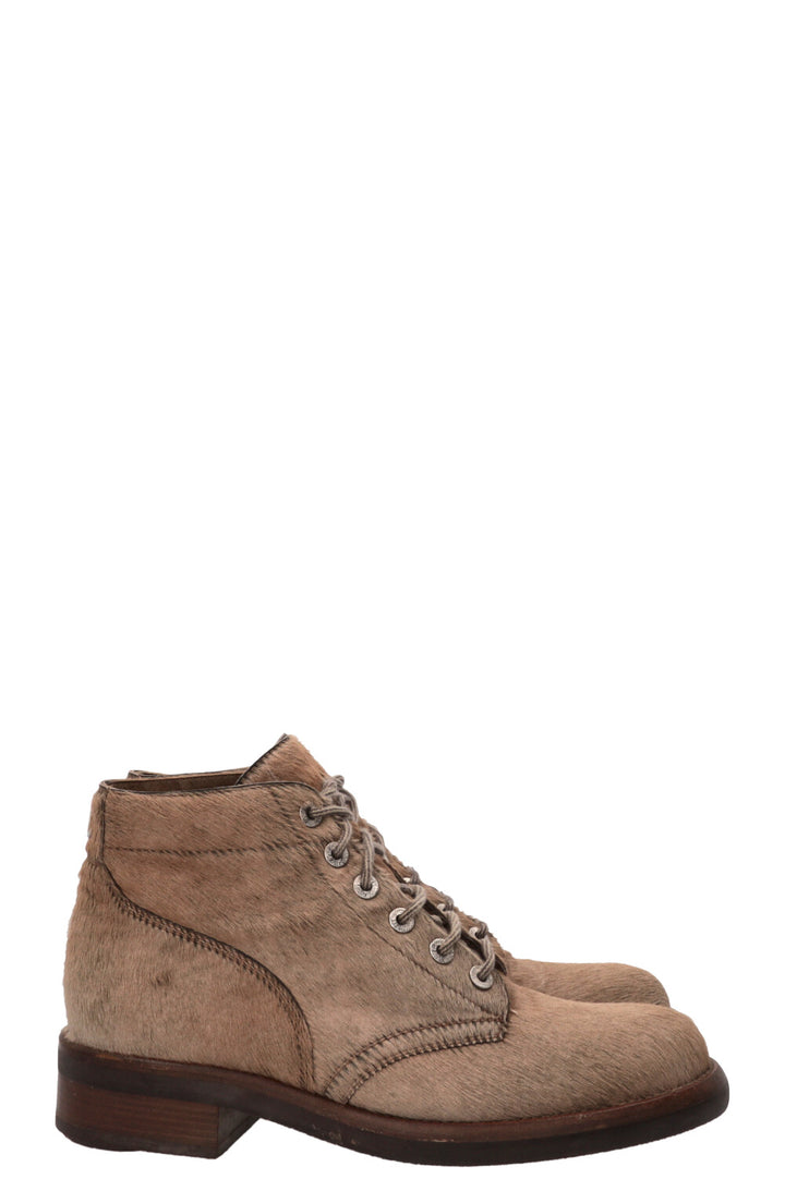 CHANEL Lace Up Ankle Boots Calf Hair Beige Calf hair Beige