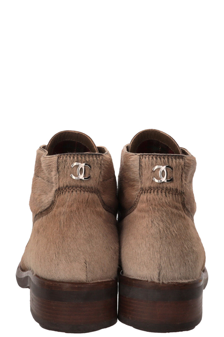 CHANEL Lace Up Ankle Boots Calf Hair Beige Calf hair Beige