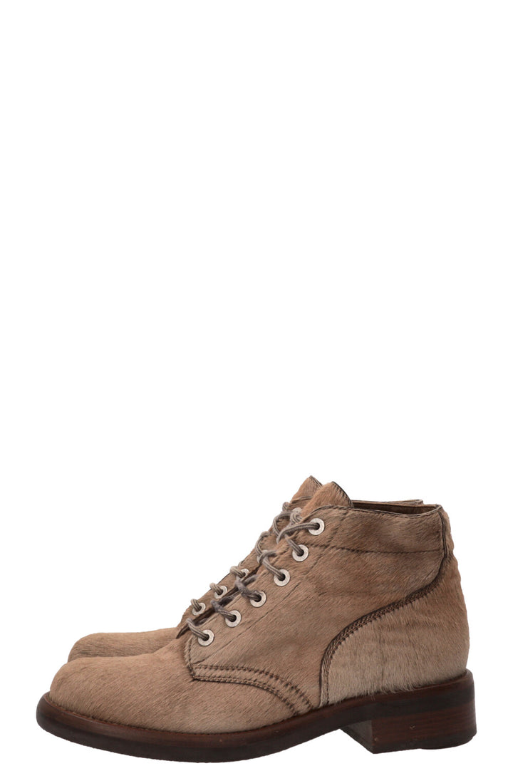 CHANEL Lace Up Ankle Boots Calf Hair Beige Calf hair Beige