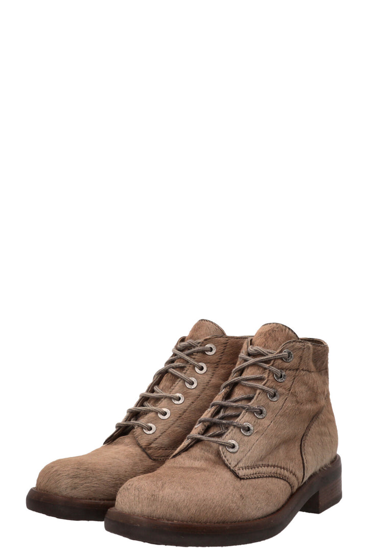 CHANEL Lace Up Ankle Boots Calf Hair Beige Calf hair Beige