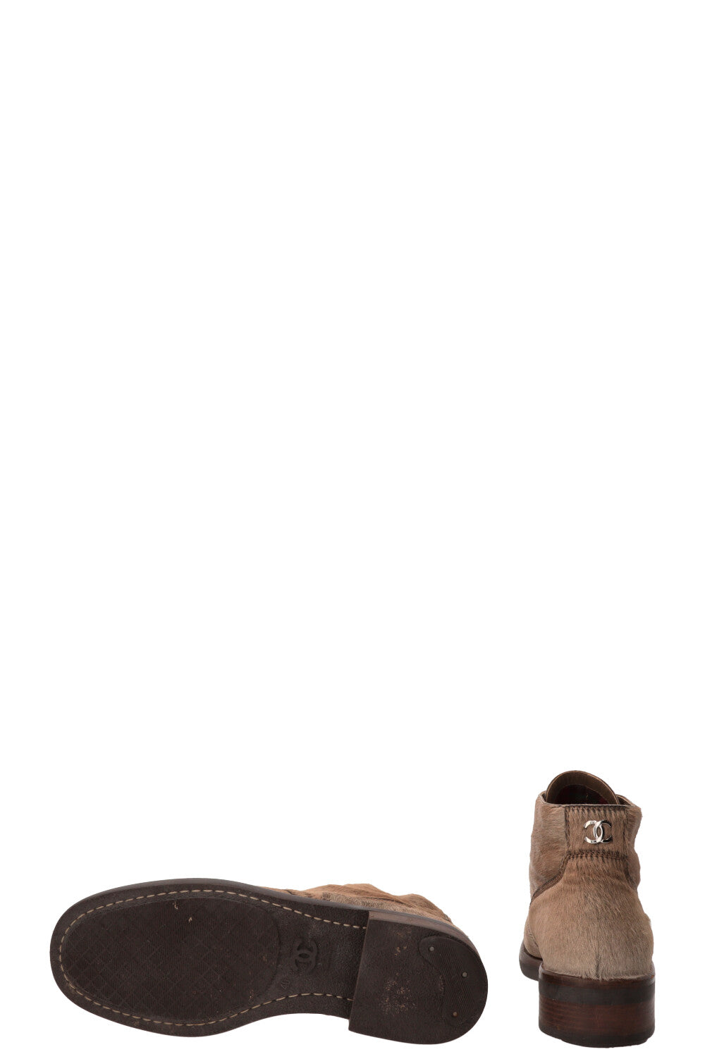 CHANEL Lace Up Ankle Boots Calf Hair Beige Calf hair Beige