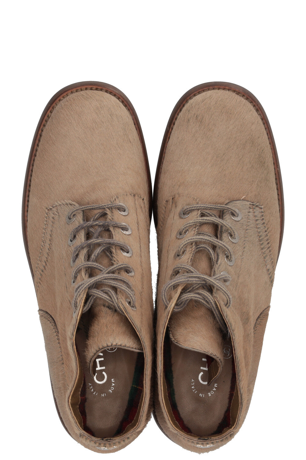 CHANEL Lace Up Ankle Boots Calf Hair Beige Calf hair Beige