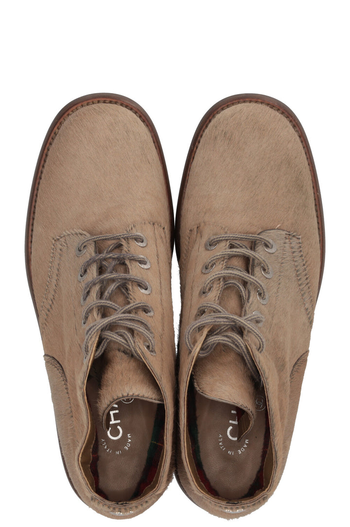 CHANEL Lace Up Ankle Boots Calf Hair Beige Calf hair Beige