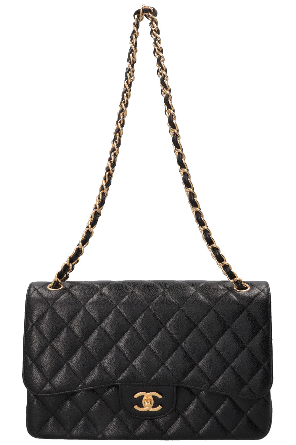 Sac à rabat doublé Chanel grand modèle en cuir caviar noir