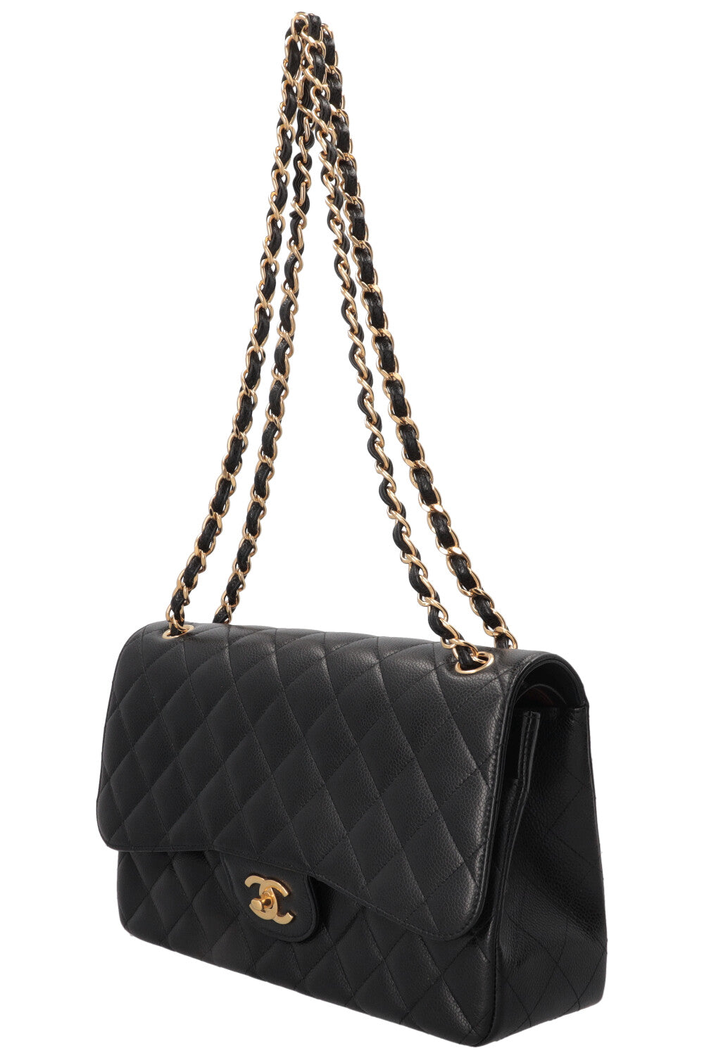 Sac à rabat doublé Chanel grand modèle en cuir caviar noir