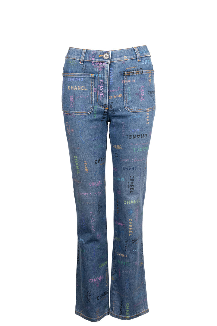 CHANEL Logo Denim Pants Blue Multicolor