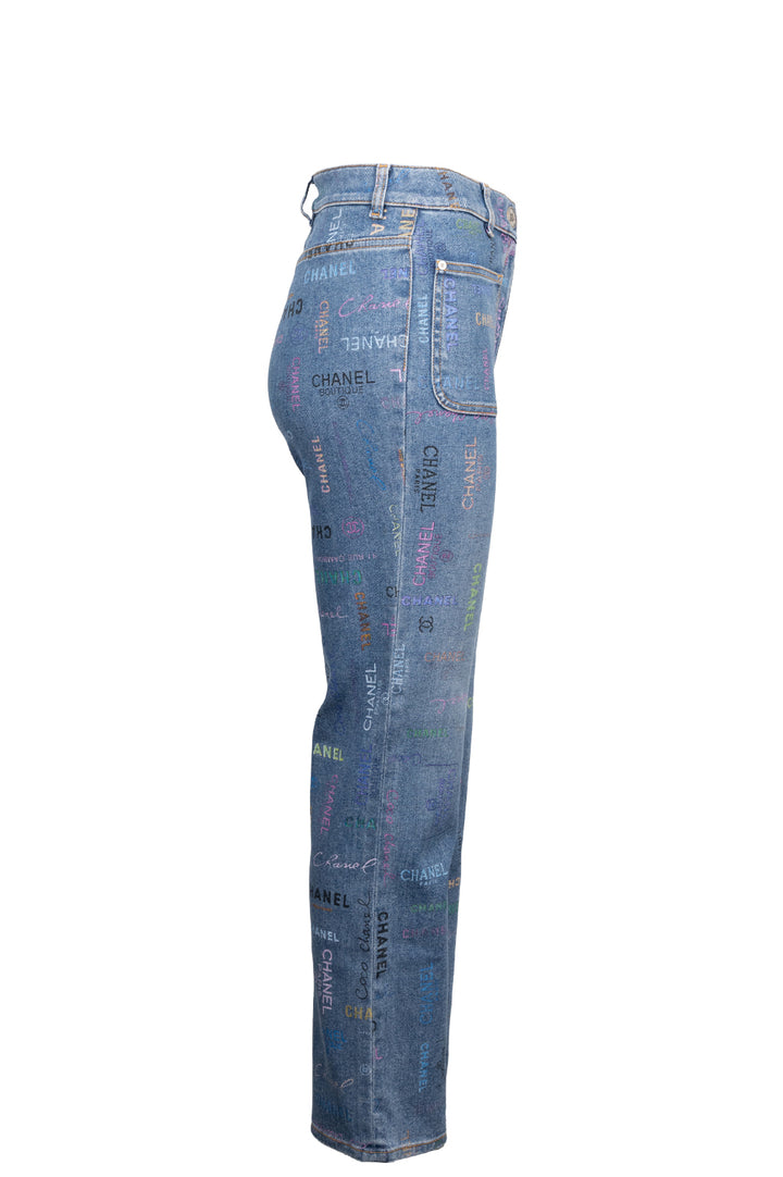 CHANEL Logo Denim Pants Blue Multicolor