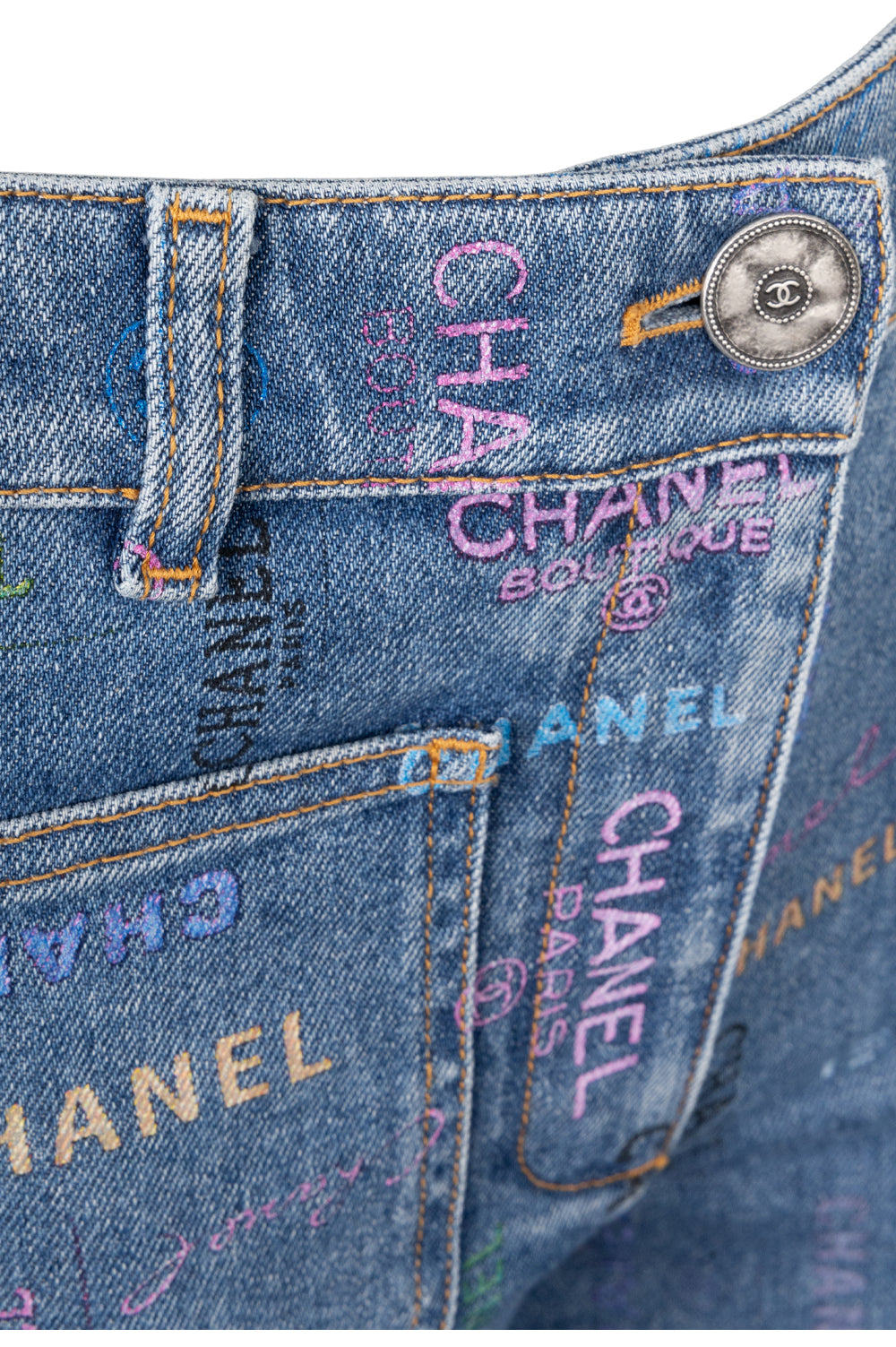 CHANEL Logo Denim Pants Blue Multicolor