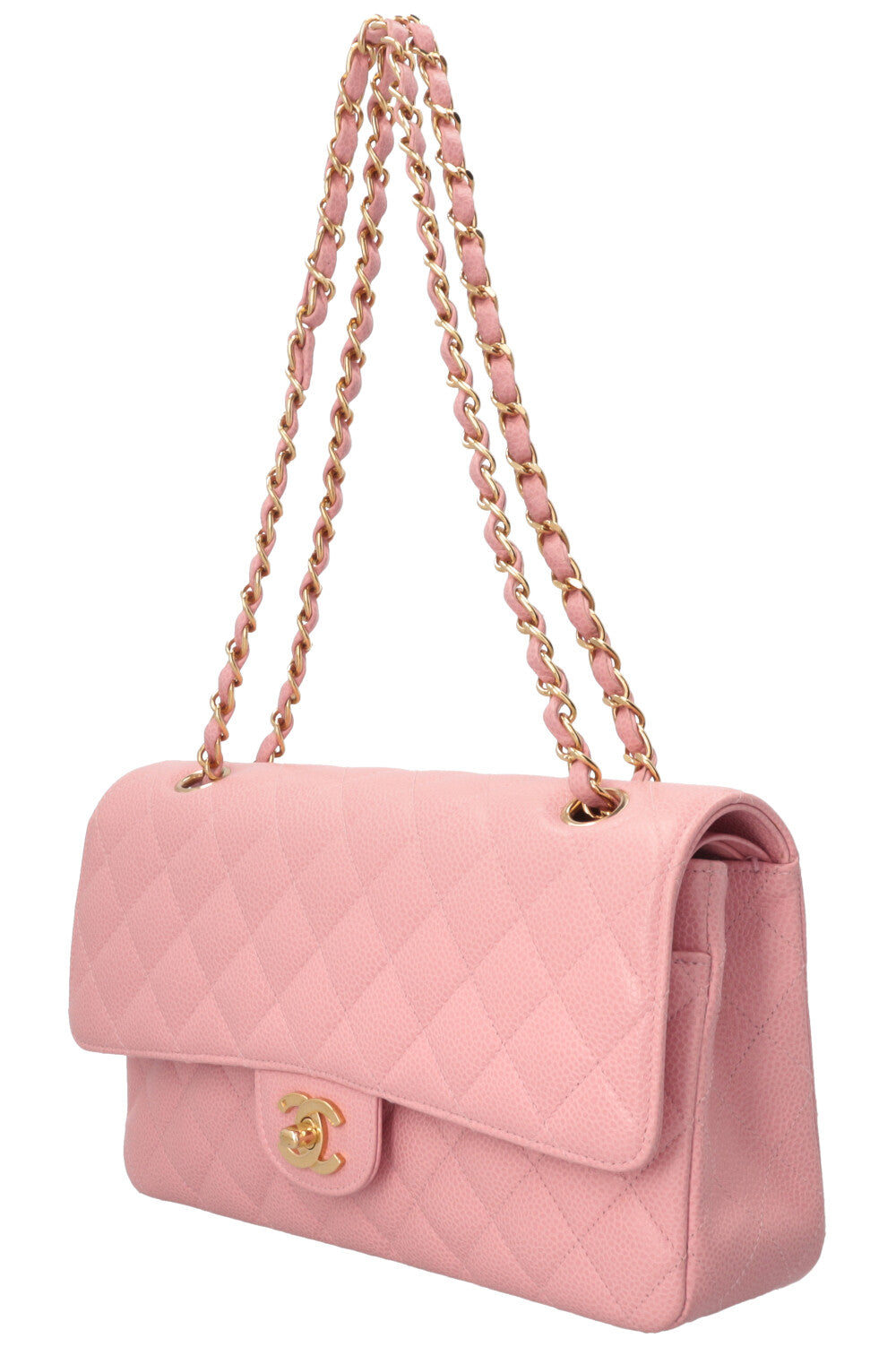 Sac à rabat doublé Chanel taille moyenne en cuir caviar rose