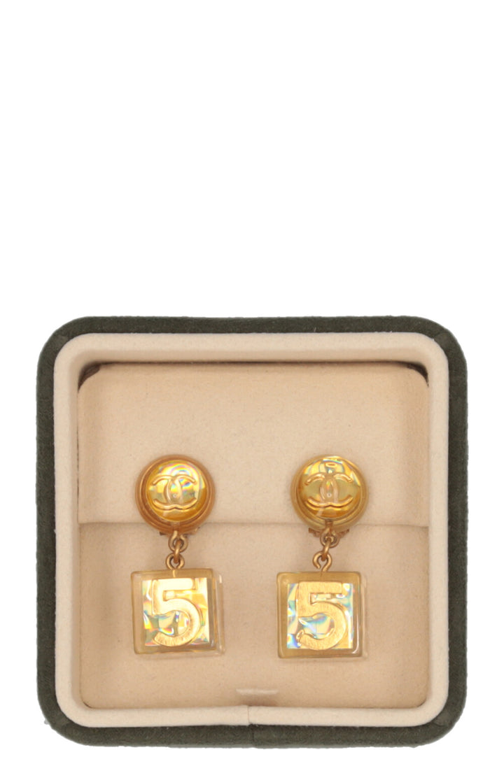 CHANEL No. 5 Cube Clip-On Earrings Acrylic Gold
