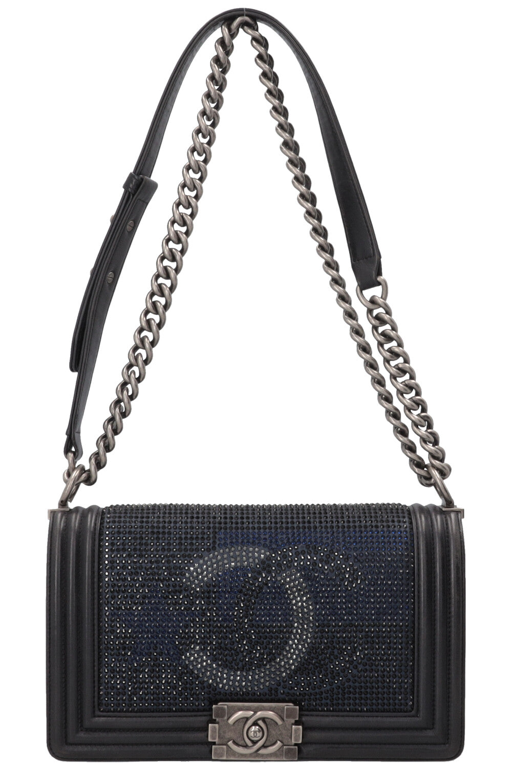 CHANEL Paris-Dallas Boy Bag Medium Leather Crystals Black Navy