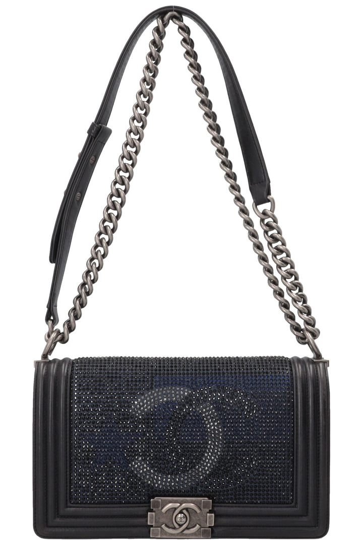 CHANEL Paris-Dallas Boy Bag Medium Leather Crystals Black Navy