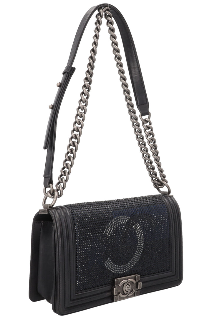 CHANEL Paris-Dallas Boy Bag Medium Leather Crystals Black Navy