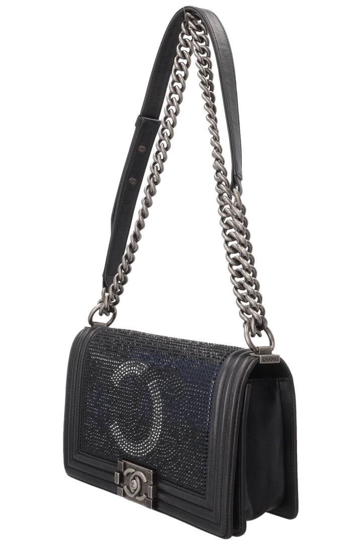 CHANEL Paris-Dallas Boy Bag Medium Leather Crystals Black Navy