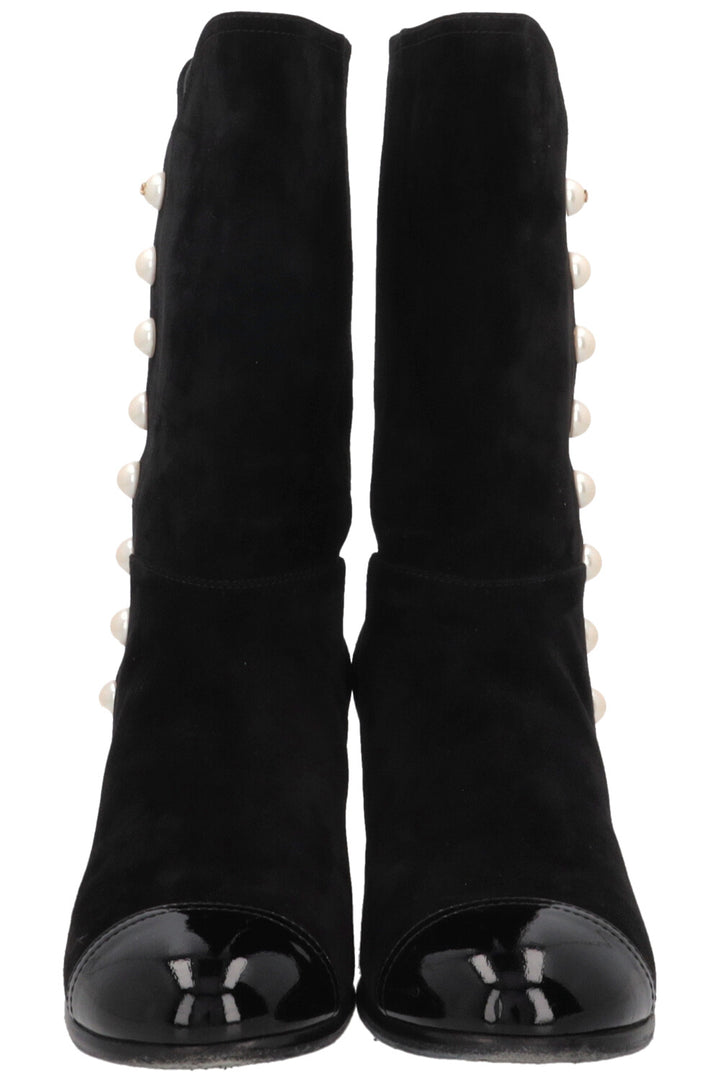 CHANEL Pearl Embellished Suede Boots Black