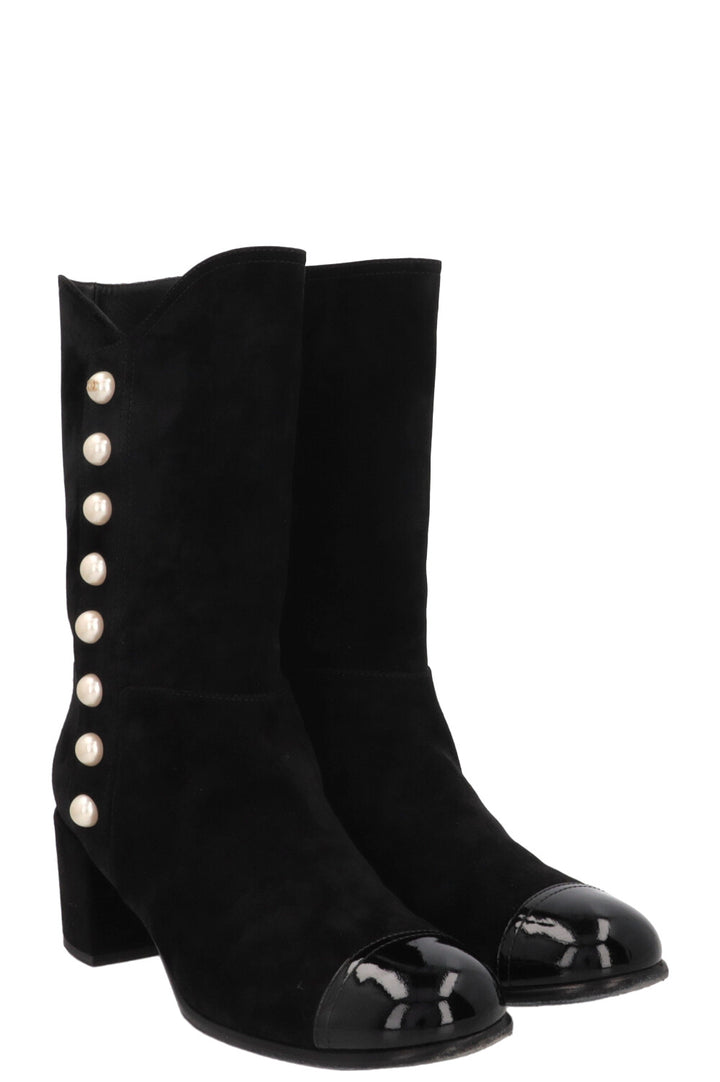 CHANEL Pearl Embellished Suede Boots Black