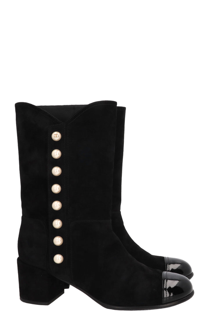 CHANEL Pearl Embellished Suede Boots Black