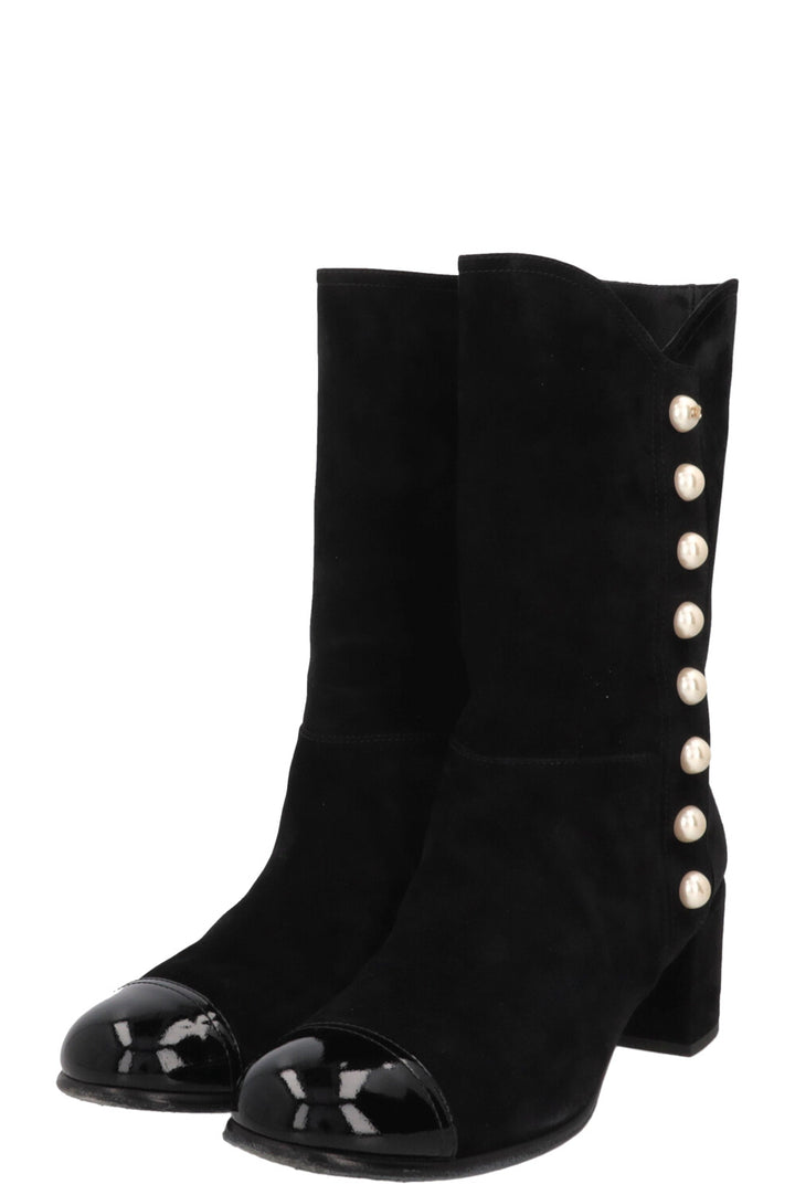 CHANEL Pearl Embellished Suede Boots Black